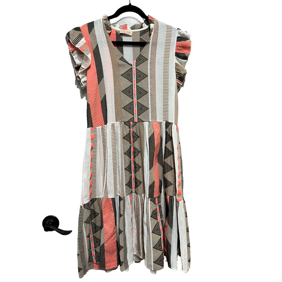 Sofia Made in Italy Bright Geometric aztec print summer Midi Dress with ruffle - Picture 2 of 9